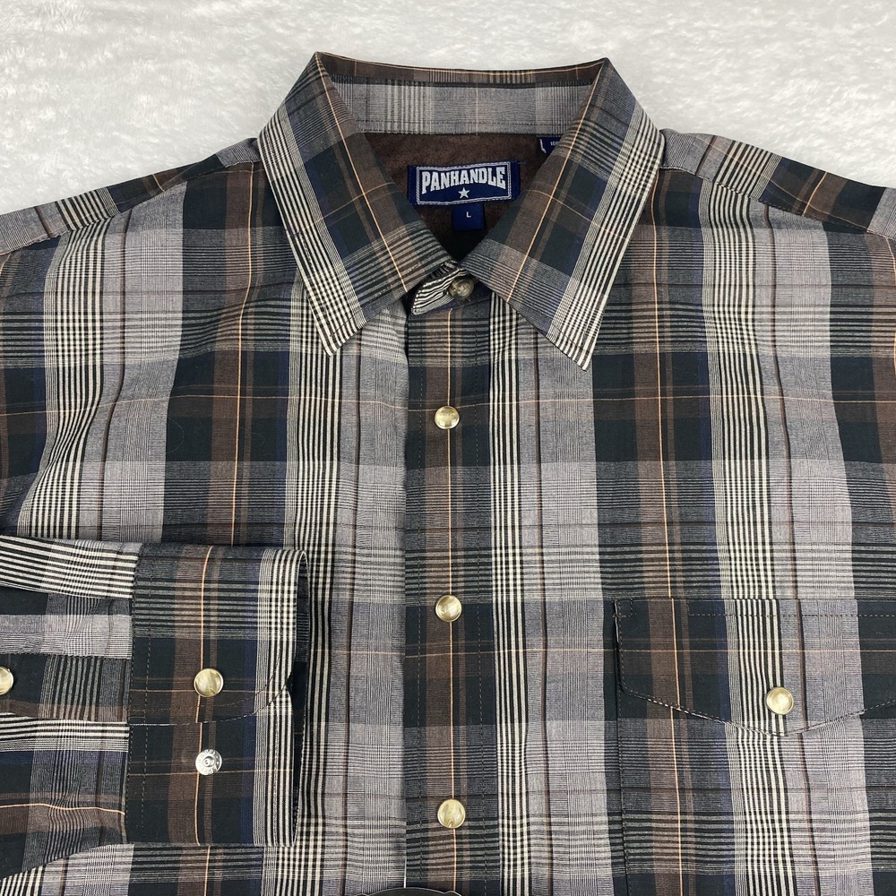 PANHANDLE Select‎ Western Shirt Mens Large Brown/Gray Plaid Pearl Snaps NWT! - Picture 2 of 8